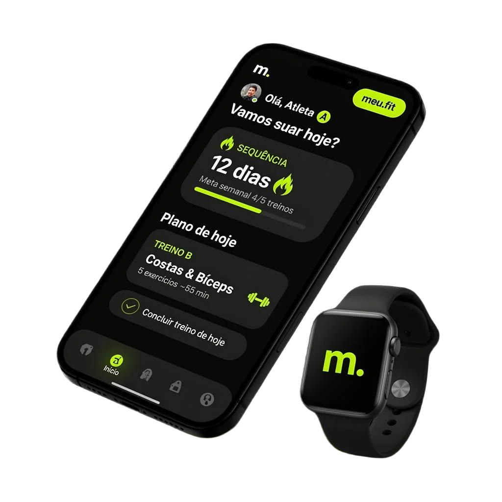 App meu.fit no celular e smartwatch
